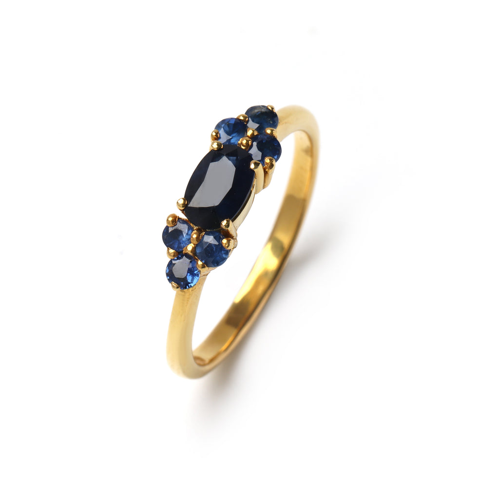 Deep Blue Sapphire Seven-Stone Cluster Ring – 18K Gold Plated Sterling Silver