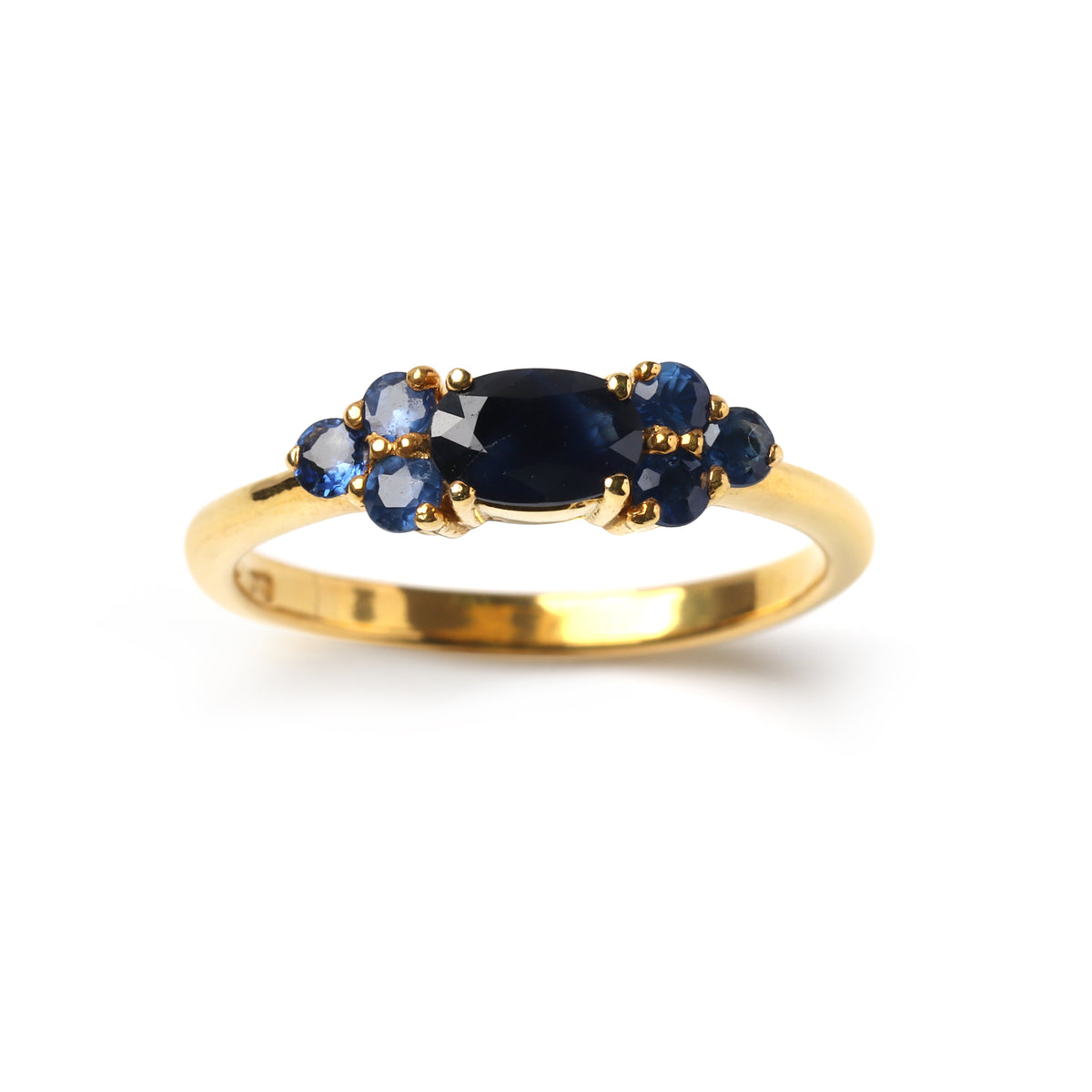 Deep Blue Sapphire Seven-Stone Cluster Ring – 18K Gold Plated Sterling Silver