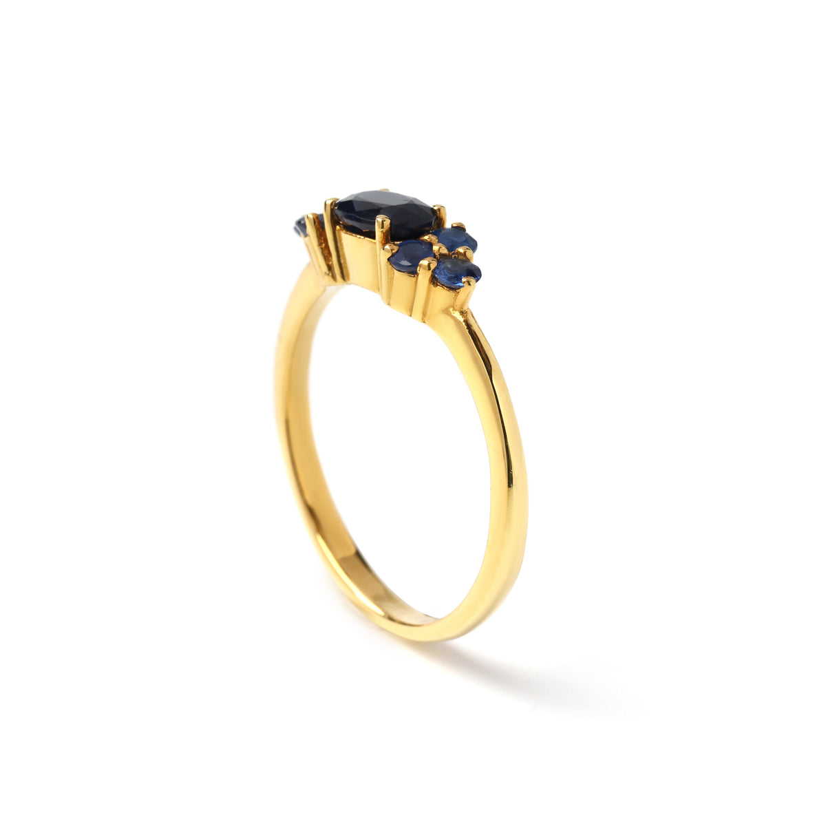 Deep Blue Sapphire Seven-Stone Cluster Ring – 18K Gold Plated Sterling Silver