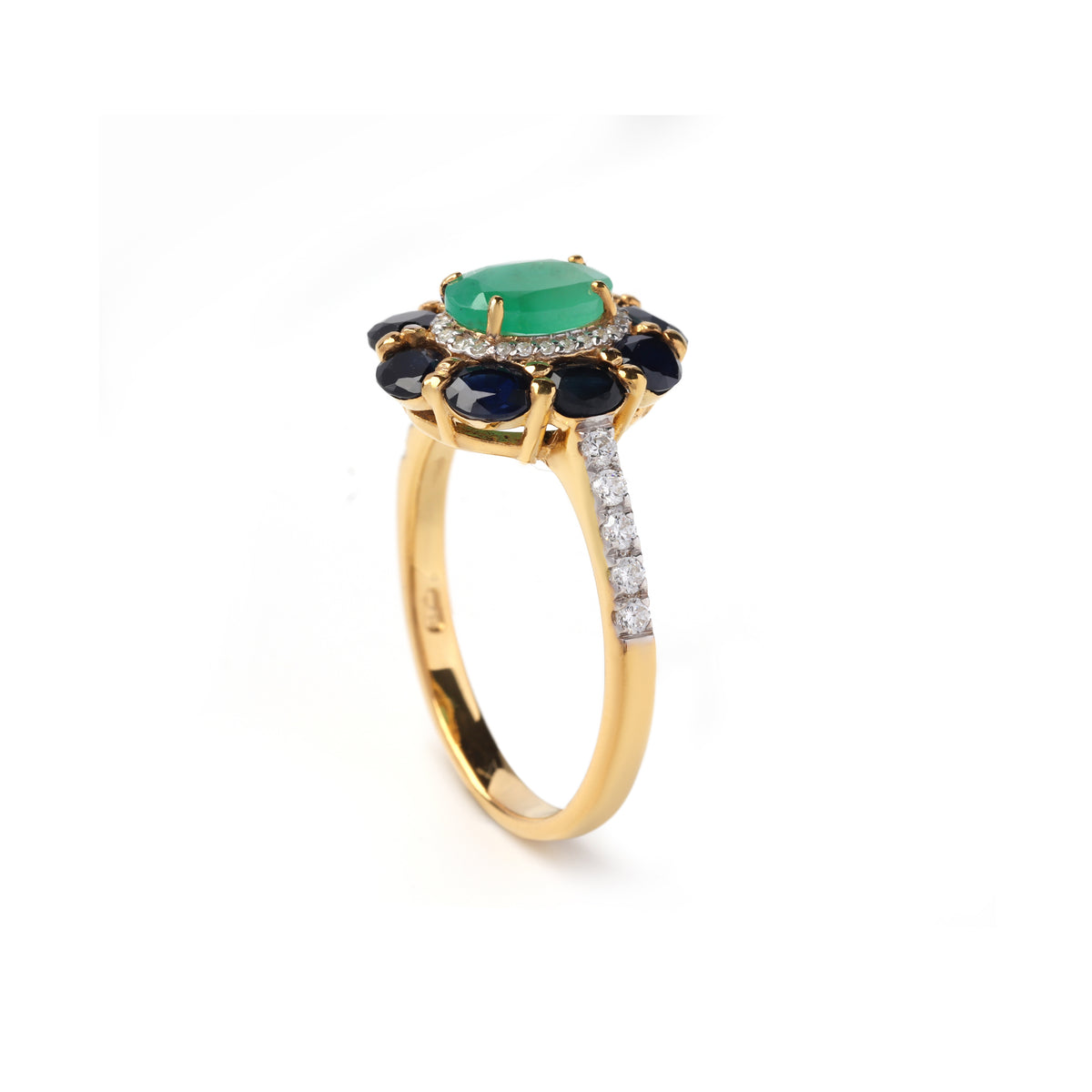 Emerald & Black Sapphire Floral Halo Ring – 18K Gold Plated Sterling Silver