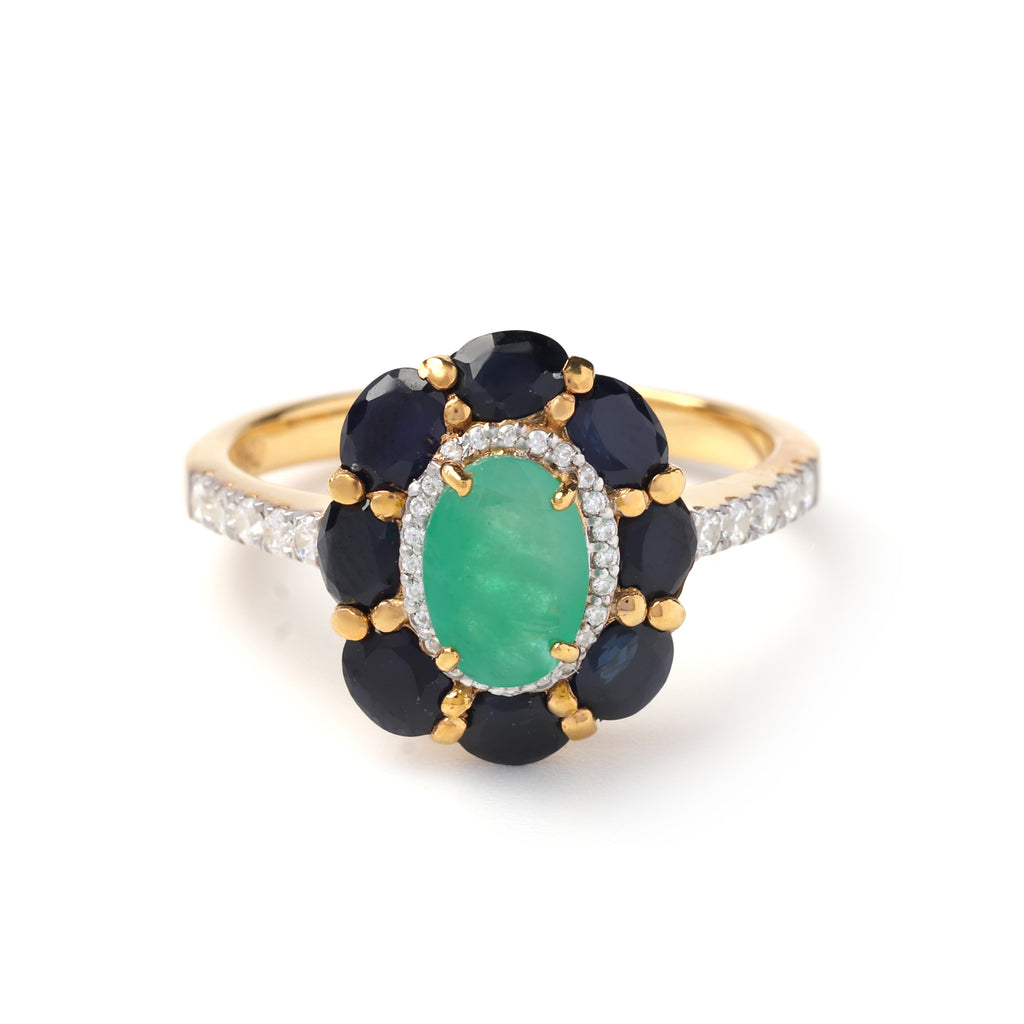 Emerald & Black Sapphire Floral Halo Ring – 18K Gold Plated Sterling Silver