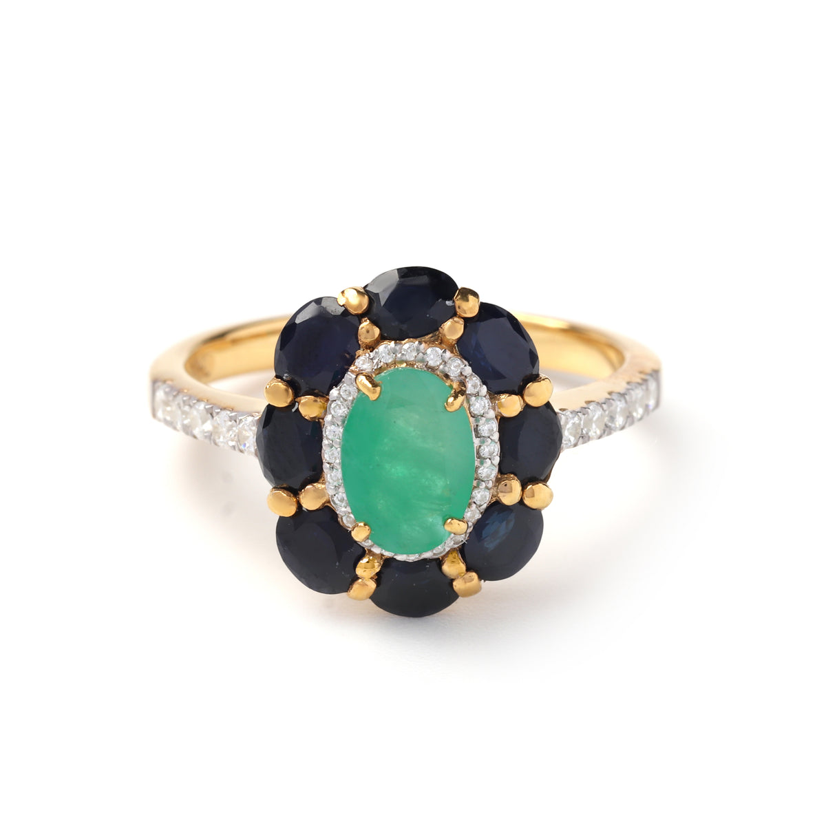 Emerald & Black Sapphire Floral Halo Ring – 18K Gold Plated Sterling Silver