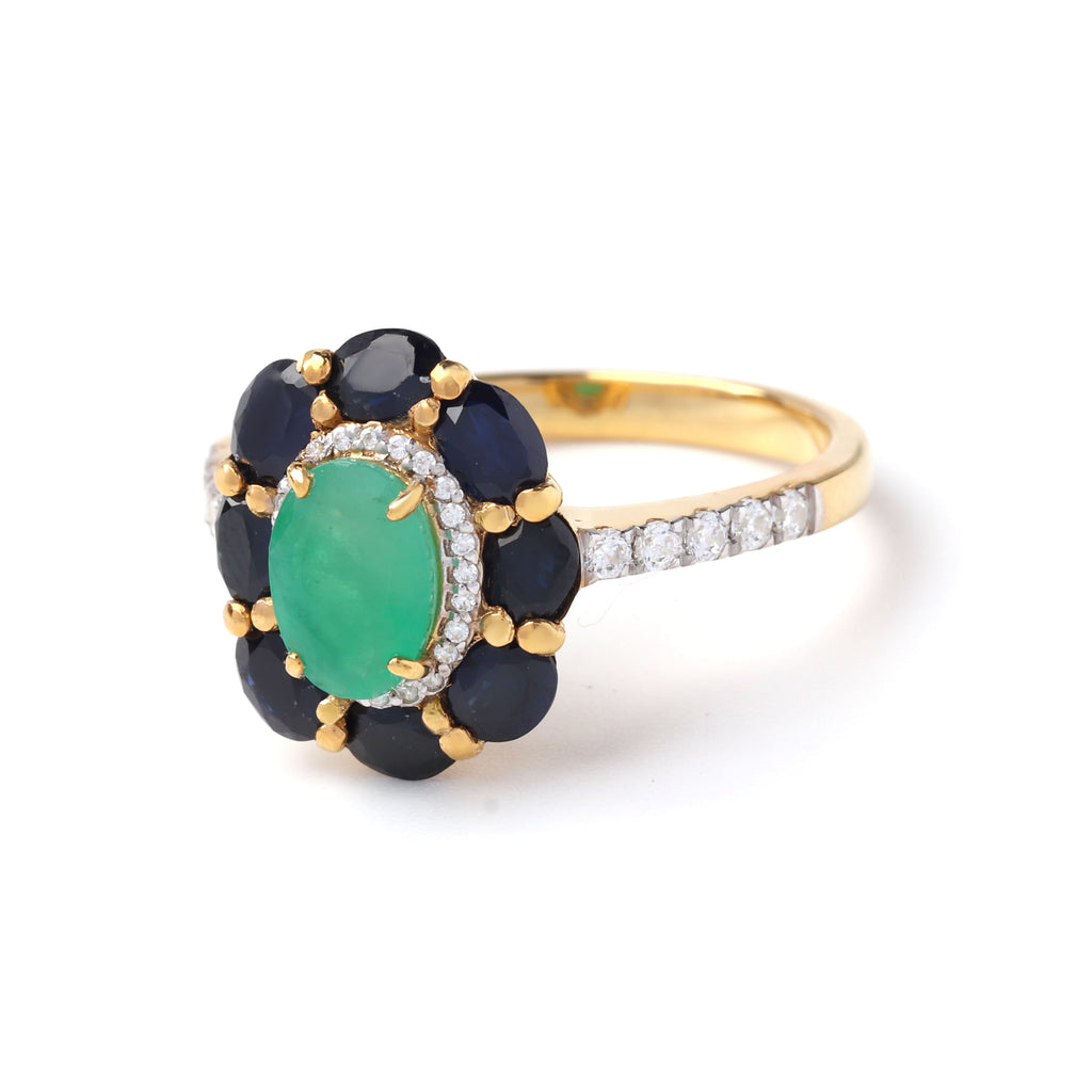 Emerald & Black Sapphire Floral Halo Ring – 18K Gold Plated Sterling Silver