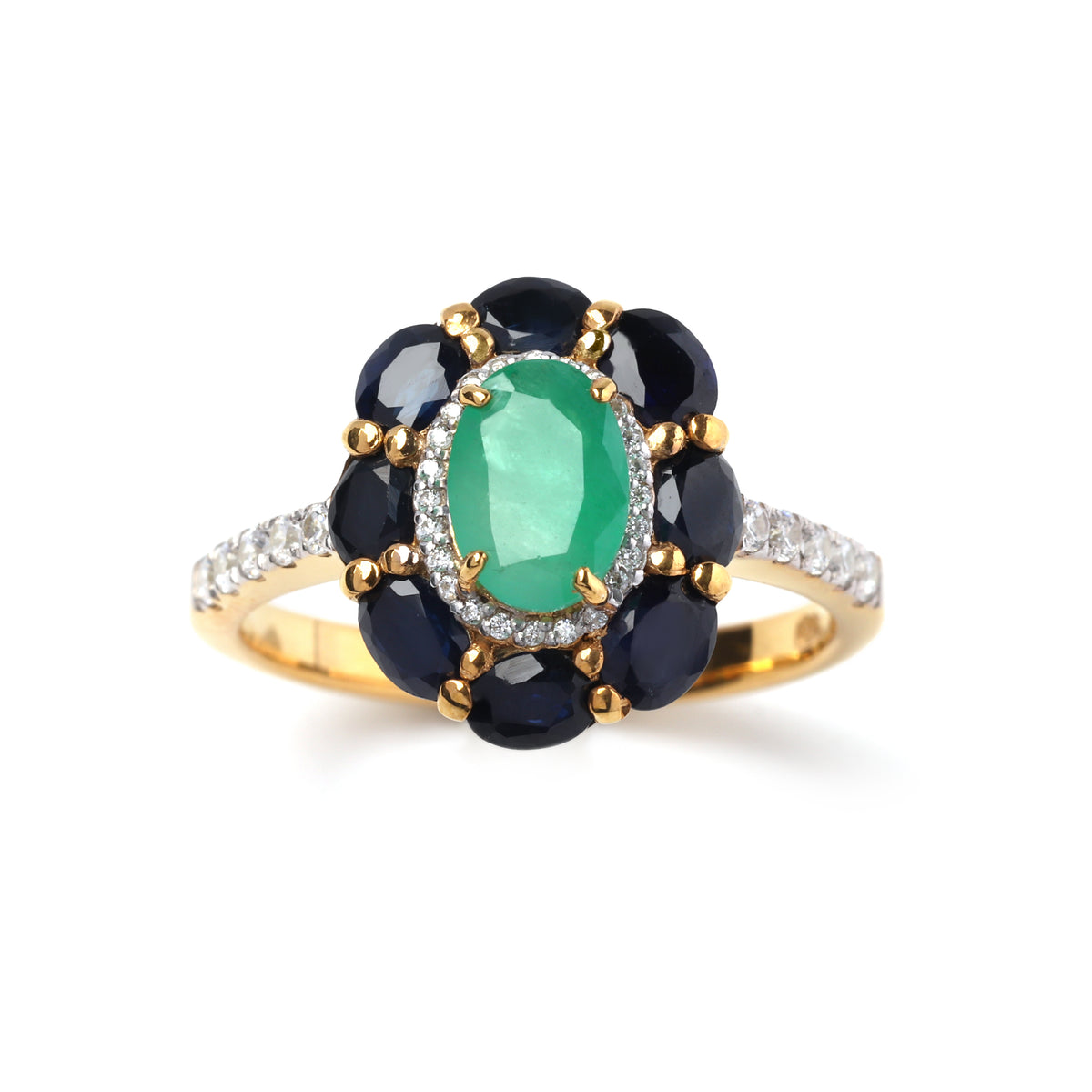 Emerald & Black Sapphire Floral Halo Ring – 18K Gold Plated Sterling Silver