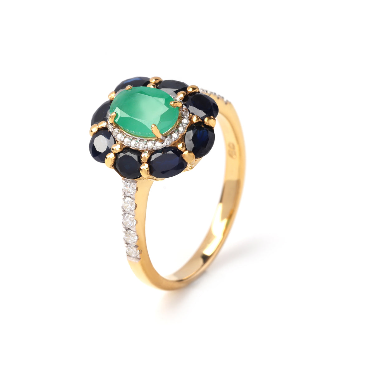 Emerald & Black Sapphire Floral Halo Ring – 18K Gold Plated Sterling Silver