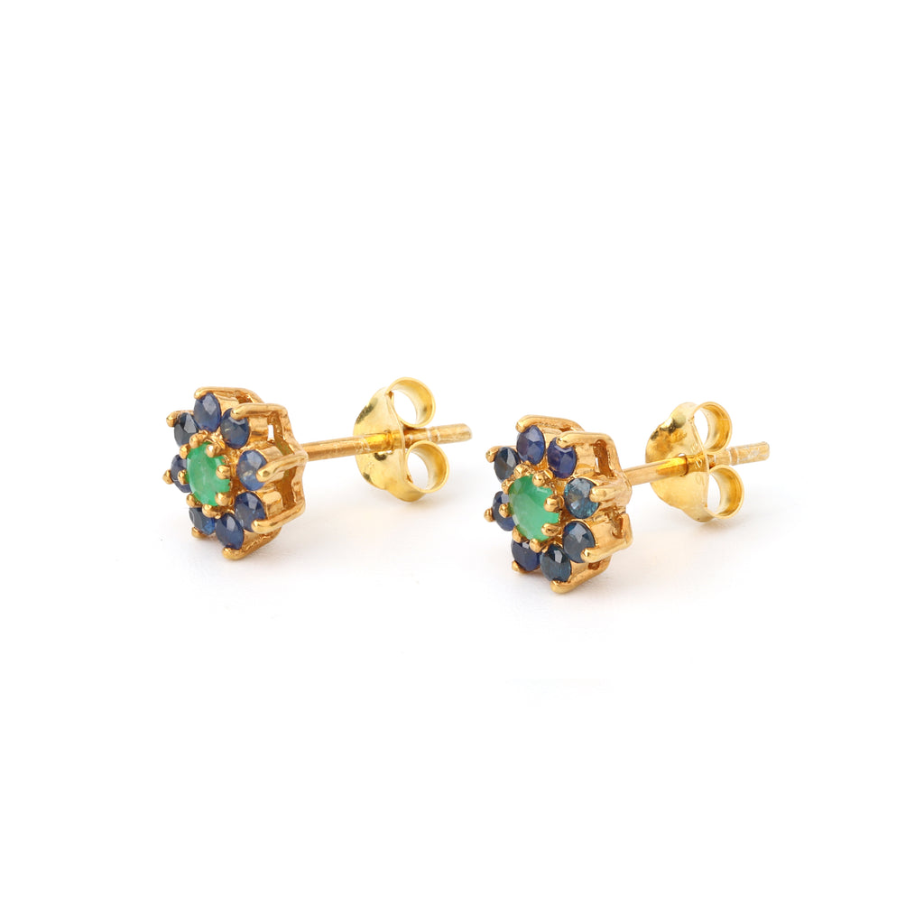 Emerald & Blue Sapphire Floral Stud Earrings – 18K Gold Vermeil