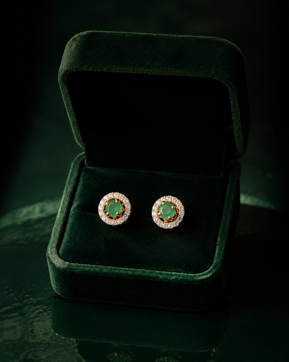 Emerald Halo Stud Earrings – 18K Gold Vermeil