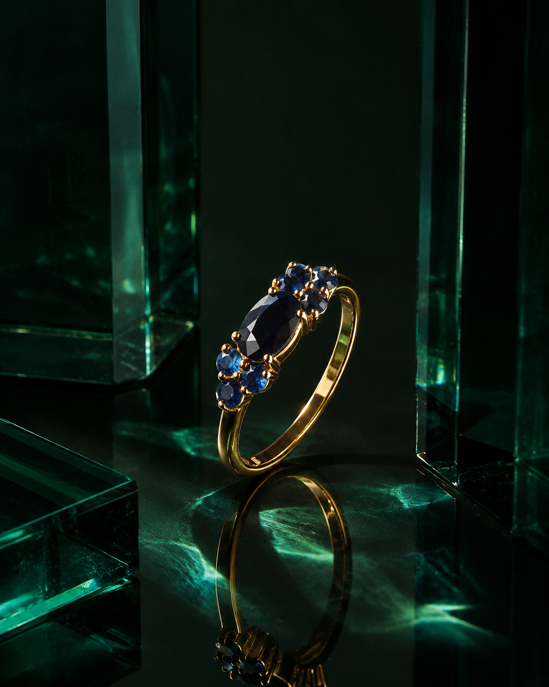 Deep Blue Sapphire Seven-Stone Cluster Ring – 18K Gold Plated Sterling Silver