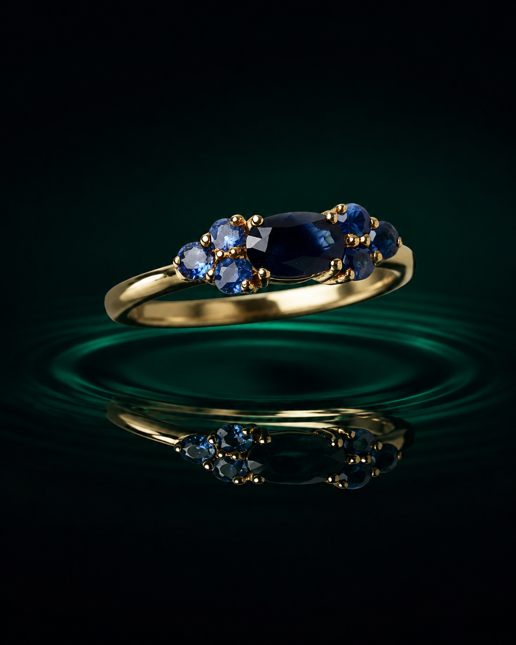 Deep Blue Sapphire Seven-Stone Cluster Ring – 18K Gold Plated Sterling Silver