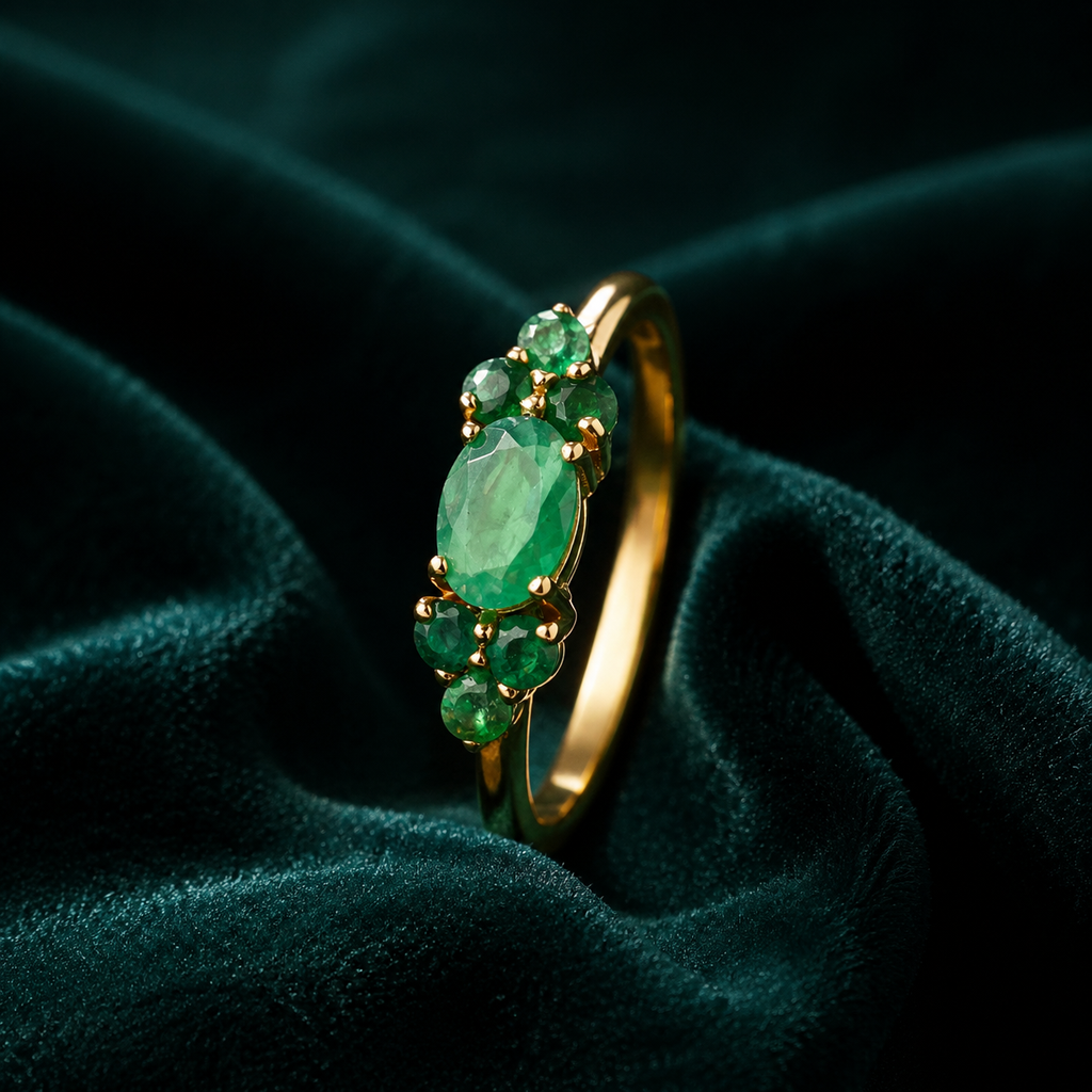 Emerald Seven-Stone Cluster Ring – 18K Gold Plated Sterling Silver