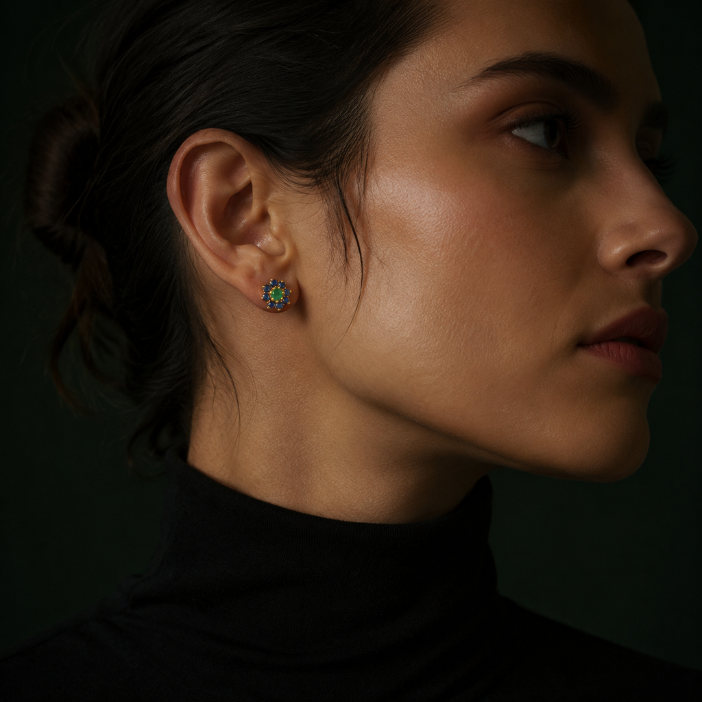 Emerald & Blue Sapphire Floral Stud Earrings – 18K Gold Vermeil