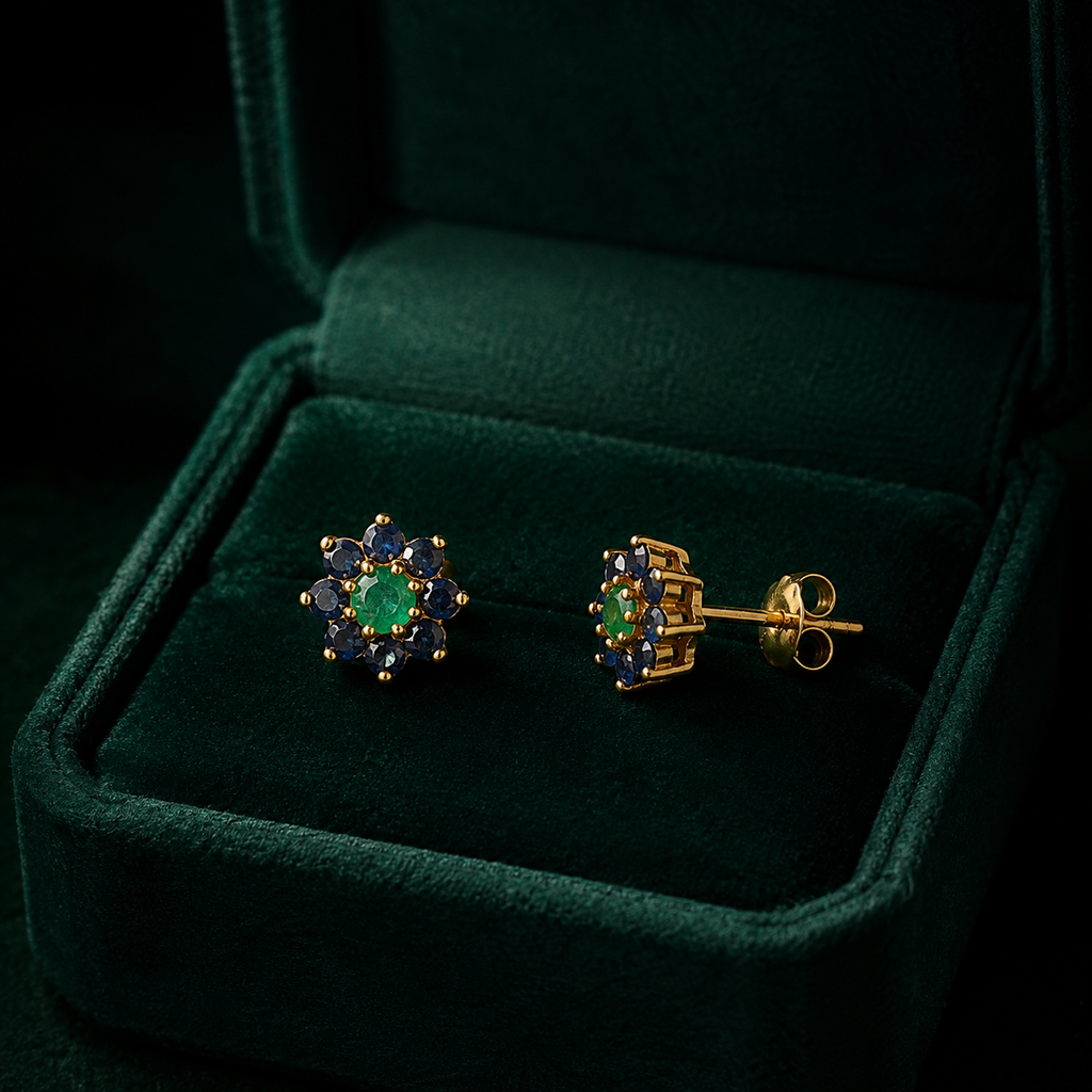 Emerald & Blue Sapphire Floral Stud Earrings – 18K Gold Vermeil