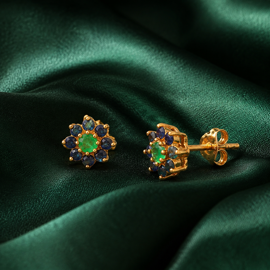 Emerald & Blue Sapphire Floral Stud Earrings – 18K Gold Vermeil