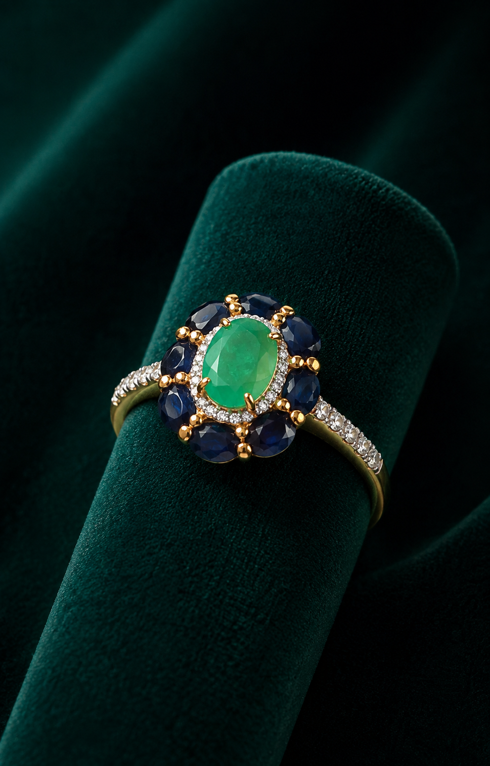 Emerald & Black Sapphire Floral Halo Ring – 18K Gold Plated Sterling Silver