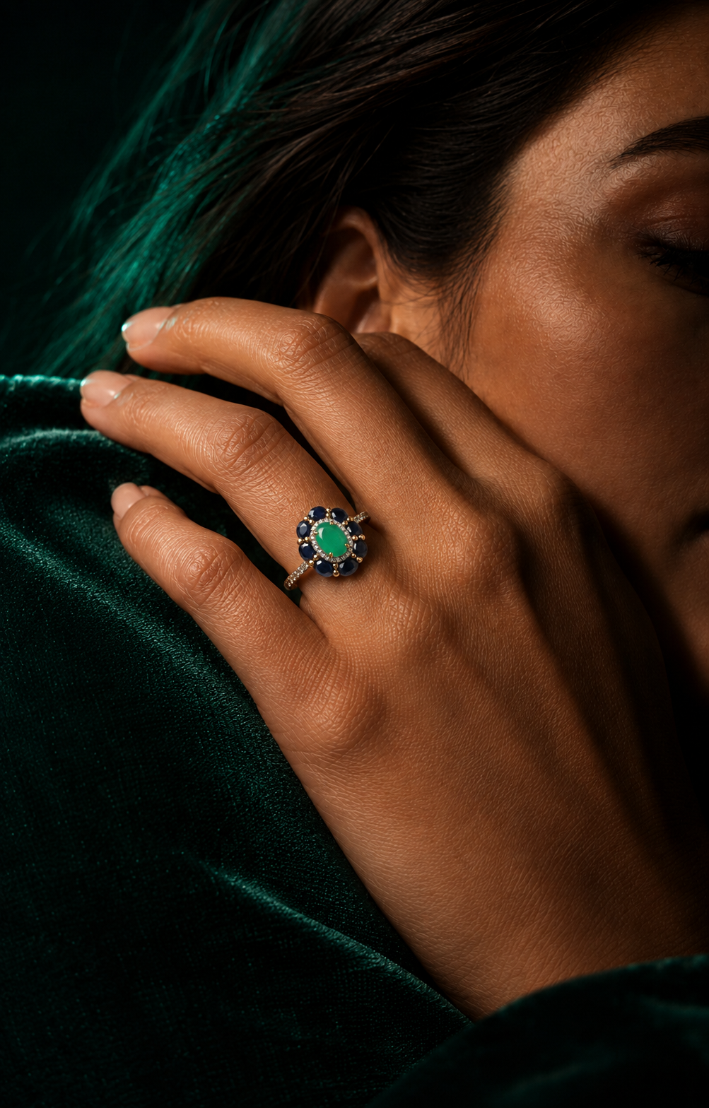 Emerald & Black Sapphire Floral Halo Ring – 18K Gold Plated Sterling Silver