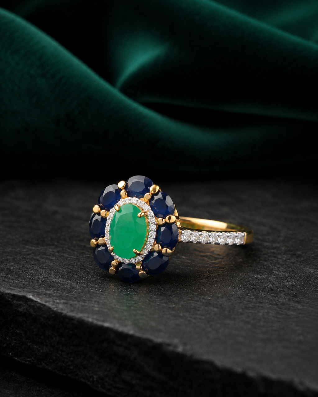 Emerald & Black Sapphire Floral Halo Ring – 18K Gold Plated Sterling Silver
