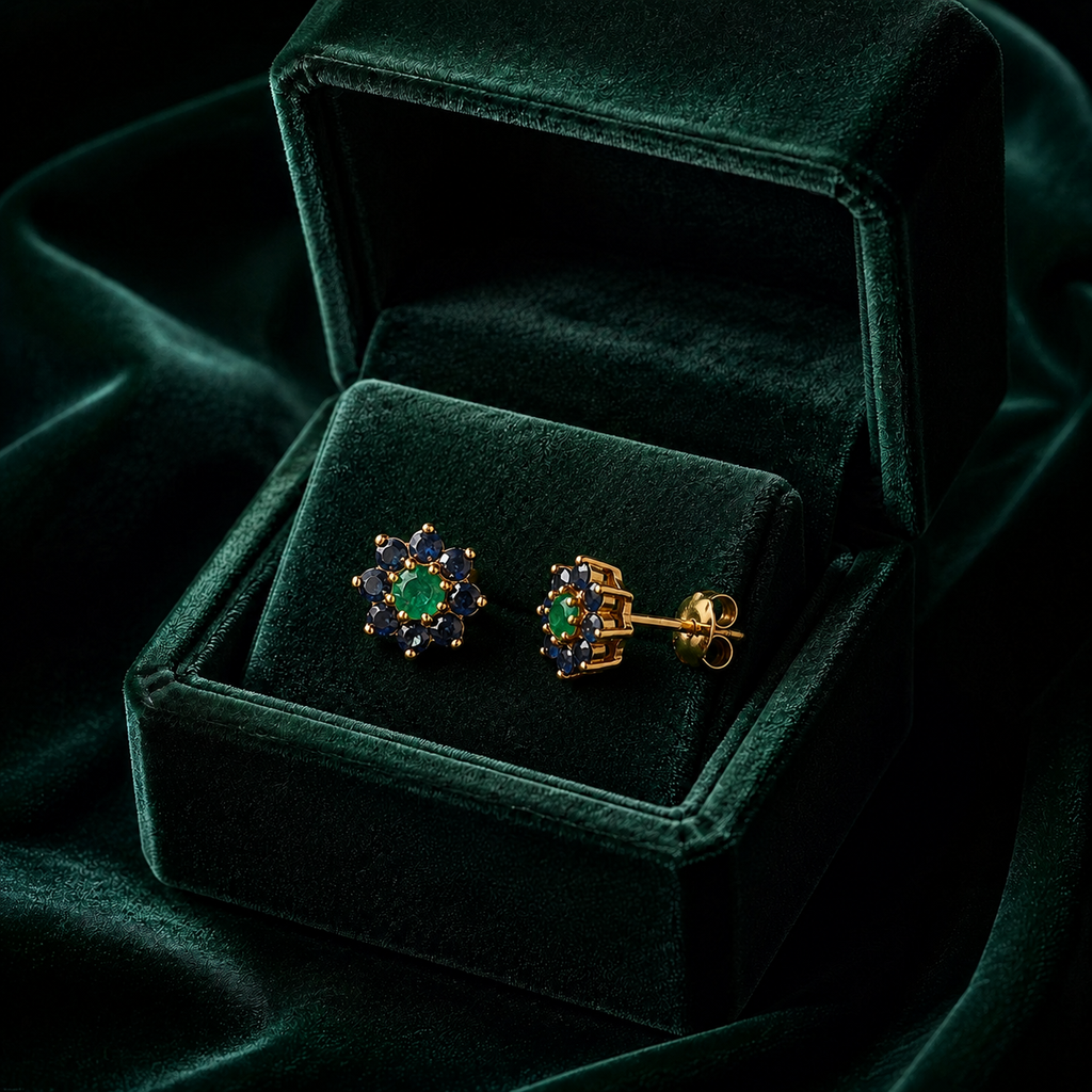 Emerald & Blue Sapphire Floral Stud Earrings – 18K Gold Vermeil