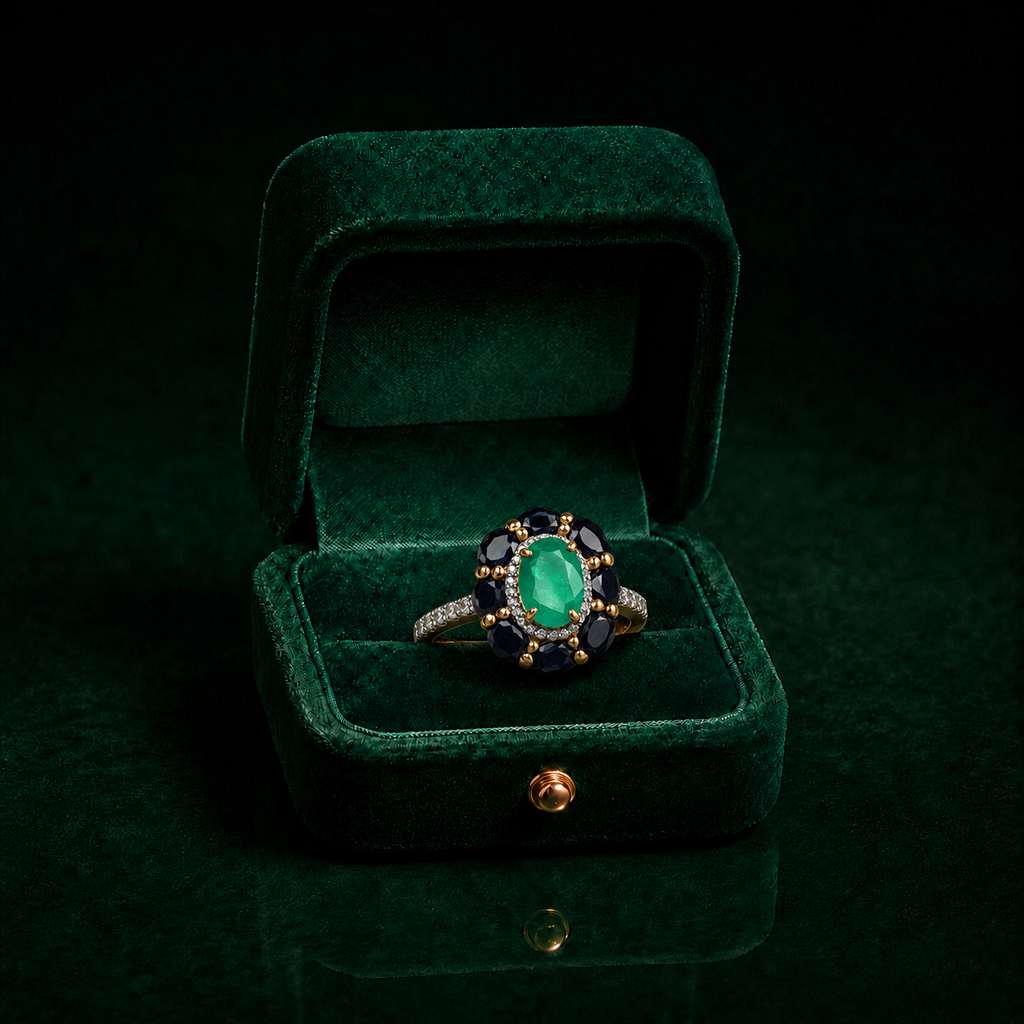 Emerald & Black Sapphire Floral Halo Ring – 18K Gold Plated Sterling Silver