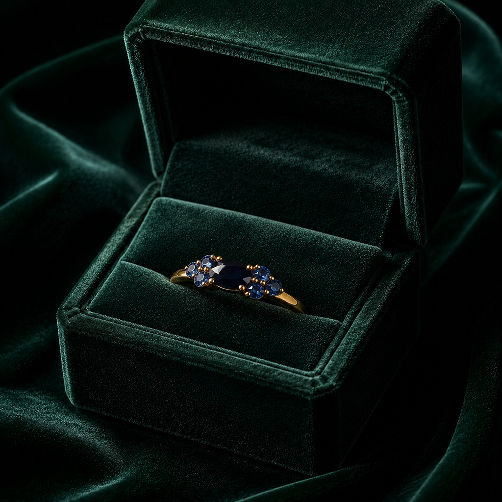 Deep Blue Sapphire Seven-Stone Cluster Ring – 18K Gold Plated Sterling Silver