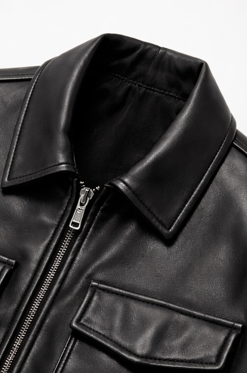 OMROK Structured Black Leather Utility Jacket